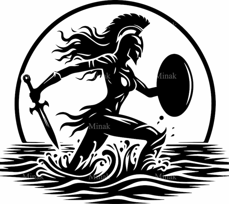 May include: Black and white illustration of a warrior woman with a sword and shield, emerging from the waves. The warrior is wearing a helmet and armor, and her hair is flowing behind her. The image is set against a background of a full moon.