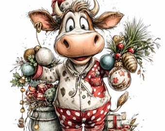16 Weihnachtspyjama-Kühe (PNG), lustige Weihnachtsornamente, Sublimationsdatei für Bauernhof-Kunst