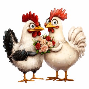 16 PNG mariage poulet PNG Clipart, mariée et le marié poulets avec des fleurs, décoration de mariage ferme drôle, Art de couple rustique