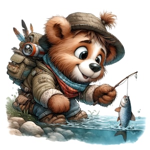 12 PNG Fishing bear PNG – cute cartoon bear with fishing pole and fish by the river – outdoor animal clipart for kids adventure decor