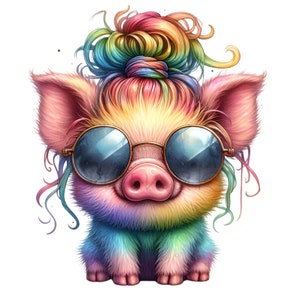 Clipart PNG de cochon, chignon désordonné, 10 porcelets mignons arc-en-ciel, animaux de la ferme, Bandana pour fille, imprimable, Pastel mignon bébé cochon, fabrication de cartes bricolage