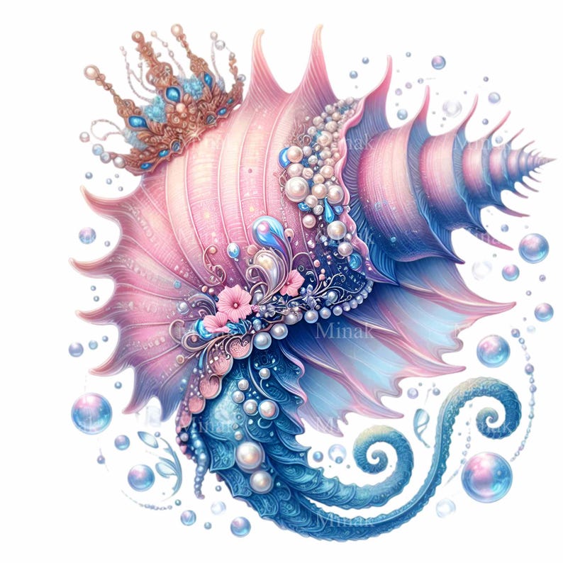 May include: A large pink seashell with a gold crown and pearl accents. The shell is decorated with blue and white floral details and has a blue and white tail.
