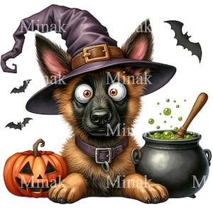 10 PNG Witch dog clipart – Halloween German Shepherd PNG – Funny spooky art for pet lovers, shirt designs, crafts or invitations