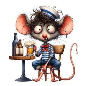 14 Ratón marinero borracho PNG Clipart / Rata divertida con atuendo náutico sosteniendo cerveza / Ilustración cómica de escena de bar con roedores borrachos
