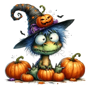 Dinosaure drôle avec chapeau de sorcière et citrouilles 12 PNG Halloween enfants illustration clipart, impression par sublimation bricolage fabrication de cartes