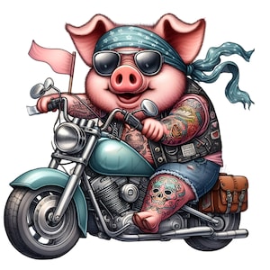 12 Biker Pig PNG Clipart - Maiale fantastico con tatuaggi, bandana, occhiali da sole e motocicletta - Download digitale
