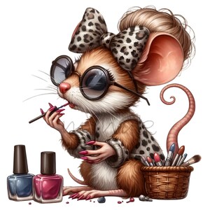 15 PNG de Ratón de Maquillaje – Ratón de Moda con Esmalte de Uñas PNG – Arte de Belleza Divertido para Tarjetas, Pegatinas, Decoración de Salón, Manualidades