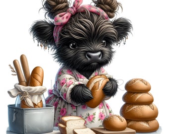 12 Baker Highland Cow PNG, Fresh Bread Art Floral Apron Graphic