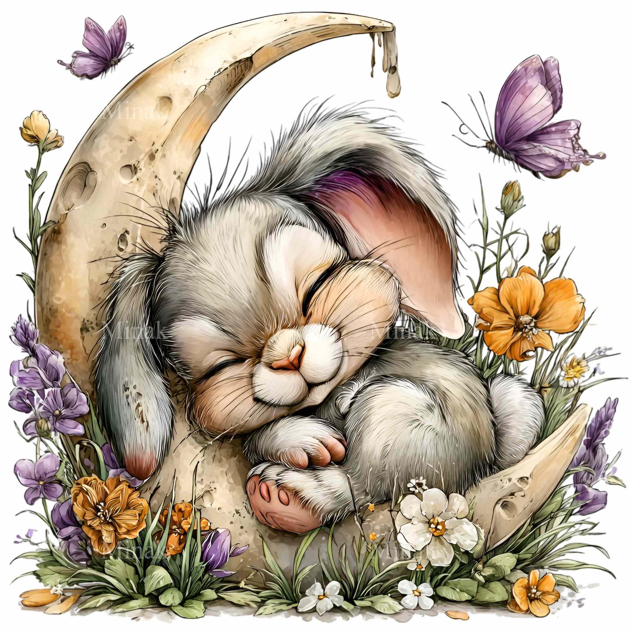 15 PNG Sleeping Rabbit Moon, Floral Bunny Clipart, Celestial