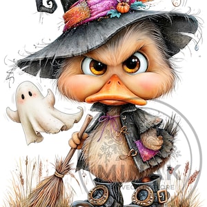 May include: A fluffy duckling wearing a black witch hat with colorful feathers and a small pumpkin, a black coat, and black buckled boots. The duckling holds a wooden broom and stands next to a small white ghost figure on a patch of dry grass.