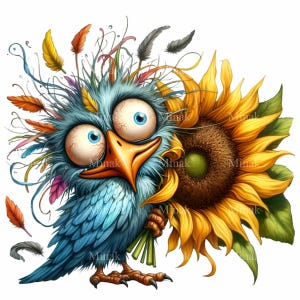 12 imágenes PNG de pájaros divertidos con girasoles, arte de pájaro peludo de ojos salvajes, descarga digital de pájaro de dibujos animados locos, archivo de sublimación