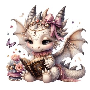 K&ouml;nnte beinhalten: Ein wei&szlig;er Drache mit rosa Akzenten und einer Perlenkette sitzt und liest ein Buch. Der Drache hat gro&szlig;e, ausdrucksstarke Augen und einen s&uuml;&szlig;en Ausdruck. Der Drache tr&auml;gt eine rosa Schleife und eine Perlenkette. Der Drache sitzt auf einem rosa und wei&szlig;en Sockel mit einem floralen Design.