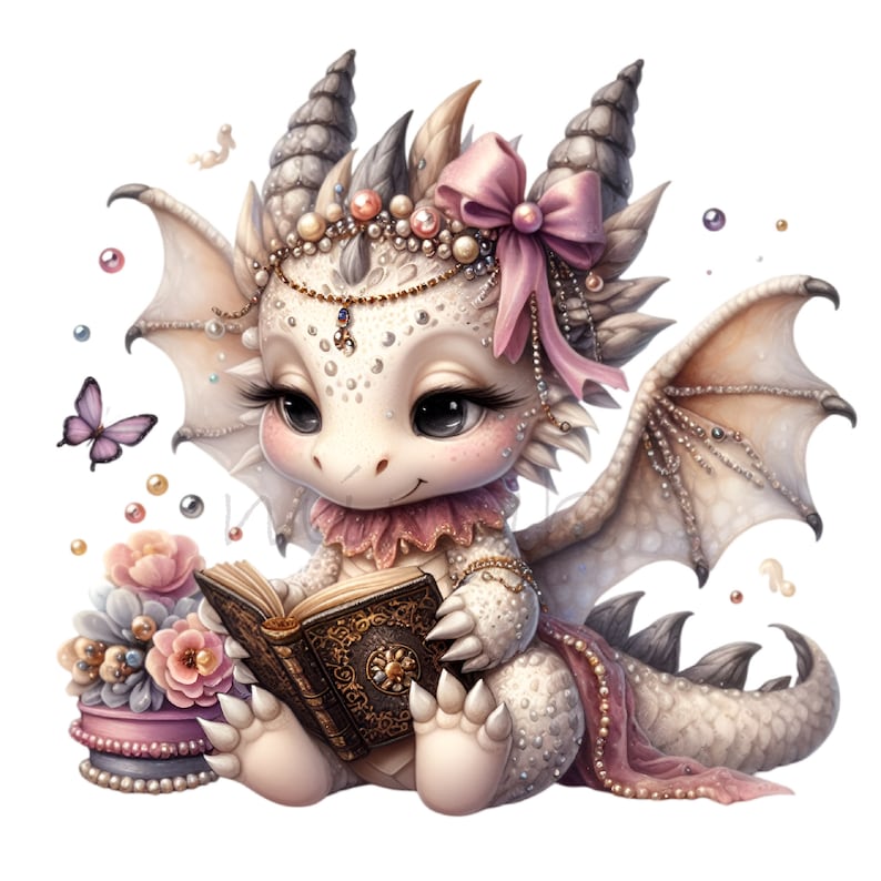 K&ouml;nnte beinhalten: Ein wei&szlig;er Drache mit rosa Akzenten und einer Perlenkette sitzt und liest ein Buch. Der Drache hat gro&szlig;e, ausdrucksstarke Augen und einen s&uuml;&szlig;en Ausdruck. Der Drache tr&auml;gt eine rosa Schleife und eine Perlenkette. Der Drache sitzt auf einem rosa und wei&szlig;en Sockel mit einem floralen Design.