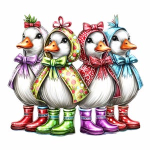11 imágenes prediseñadas de ganso divertido PNG, gansos disfrazados con botas y lazos de colores, decoración rústica caprichosa, arte mural primaveral