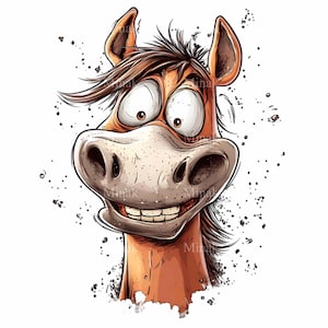 15 grappige png-afbeeldingen voor paard: eigenzinnige cartoonstijl, grote ogen en illustratie humoristische expressie