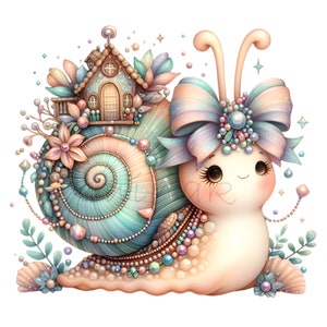 Puede incluir: Un caracol caprichoso con una concha de color rosa pastel y azul, adornada con perlas y cuentas. Una pequeña casa de jengibre se asienta sobre la concha, con un lazo rosa atado alrededor de la cabeza del caracol.