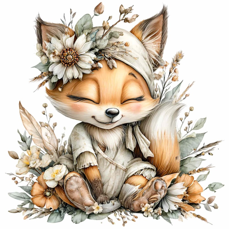 May include: A whimsical illustration of a fox with closed eyes, wearing a white bonnet and dress, surrounded by flowers and foliage. The fox has orange fur, a white tail, and is smiling. The artwork has a soft, pastel color palette.