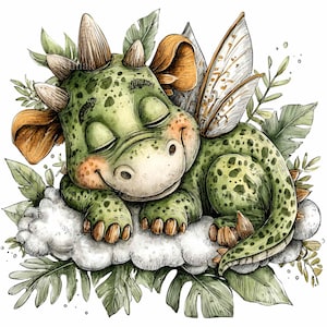 Może przedstawiać: Akwarelowa ilustracja śpiącego zielonego smoka z brązowymi rogami i skrzydłami, spoczywającego na chmurze. Smok otoczony jest zielonymi liśćmi i liśćmi, tworząc kapryśną i delikatną scenę.