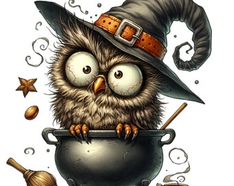 12 Funny Owl Cauldron Png, Witch Hat Broom, Spooky Bird Halloween Design