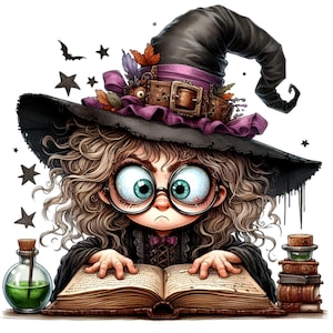 12 lindas brujas leyendo PNG Clipart, adorable bruja con anteojos grandes estudiando un libro mágico, arte digital de Halloween
