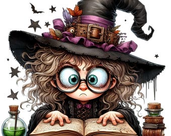 12 Witch Girl Reading Book PNG, Glasses Magic Potion Design
