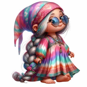 16 PNG Rainbow outfit girl clipart – Hippie PNG art – Cute cartoon girl illustration for retro birthday, tumbler wrap or nursery design