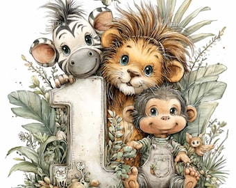 12 PNG Dschungeltiere Zahl 1 Clipart - Safari erster Geburtstag PNG für Partyeinladungen, Babyparty-Dekor, Kinderzimmer-Kunst & Basteln