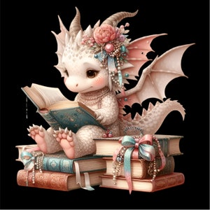 K&ouml;nnte beinhalten: Ein wei&szlig;er Drache mit rosa Fl&uuml;geln und einer Blumenkrone sitzt auf einem Stapel B&uuml;cher. Der Drache h&auml;lt ein Buch in seinen Pfoten und tr&auml;gt eine Perlenkette.