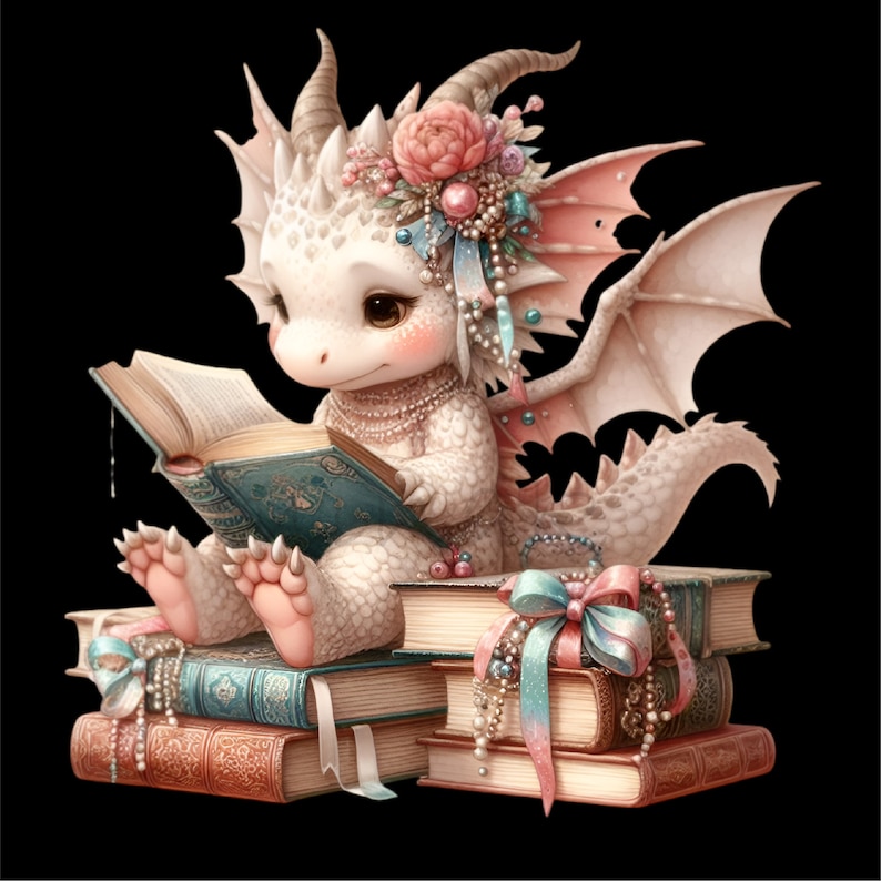 K&ouml;nnte beinhalten: Ein wei&szlig;er Drache mit rosa Fl&uuml;geln und einer Blumenkrone sitzt auf einem Stapel B&uuml;cher. Der Drache h&auml;lt ein Buch in seinen Pfoten und tr&auml;gt eine Perlenkette.