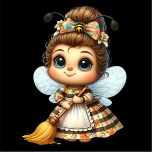 May include: A whimsical illustration of a bee-themed fairy with large blue eyes, holding a broom. She wears a floral and striped dress, a white apron, and a bow with a bee on her head. The fairy has light blue wings and a smiling expression.