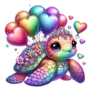 10 imágenes prediseñadas de tortuga arcoíris PNG: linda ilustración PNG: arte animal brillante para diseños de cumpleaños, decoración de fiestas infantiles, manualidades coloridas