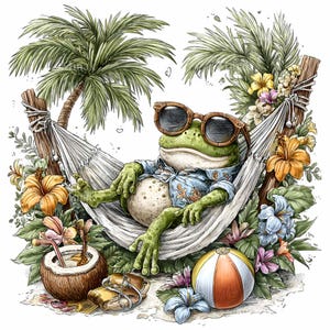 May include: A whimsical illustration of a green frog relaxing in a hammock, wearing sunglasses and a Hawaiian shirt. Palm trees, tropical flowers, a coconut drink, and a beach ball complete the vacation scene. The frog is the focal point of this tropical themed artwork.