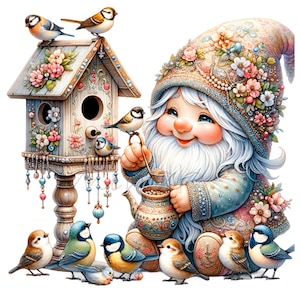 12 Clipart di gnomi primaverili PNG / Gnomo carino che dà da mangiare agli uccelli nella casetta per gli uccelli con fiori e teiera / Arte da giardino stravagante