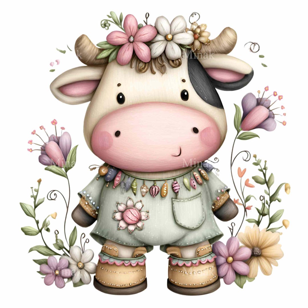 18 PNG Floral Baby Cow Clipart – Cute Spring Cow With Flower Crown and ...