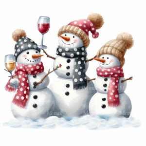 15 cliparts de bonhomme de neige en PNG - Noël PNG - Bonhommes de neige drôles avec boissons pour cartes de vœux, invitations à une fête et sublimation hivernale