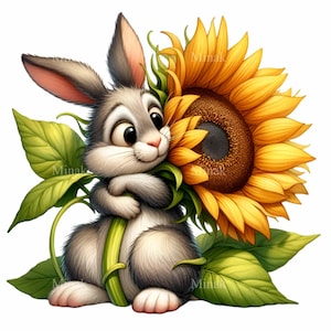 10 PNG Coniglietto carino con girasole PNG Clipart - Adorabile coniglio grigio che abbraccia un grande fiore giallo, arte animale primaverile, design a sublimazione