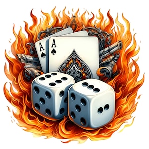 Dés et cartes de casino fougueux PNG, 15 jeux d'argent et de hasard Art Clipart, poker et dés flammes, téléchargement numérique