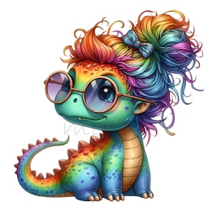 10 png schattige regenboog babydraak clipart, kleurrijk haar, bril, strik, fantasie cartoon hagedis png voor kinderfeestje, sublimatie
