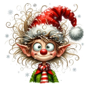 Schrullige Elfe mit Weihnachtsmütze 12 PNG Lustige Weihnachtsgrafiken für Kinder Comics Cartoon Illustration Clipart, Sublimation druckbare digitale Grafiken