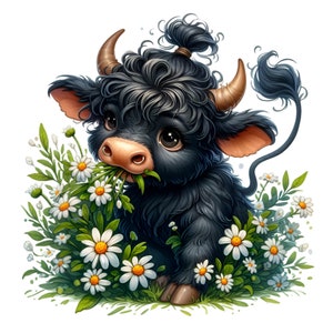 12 lindas vacas de las tierras altas PNG, ternero negro esponjoso con margaritas, adorables imágenes prediseñadas de animales de granja