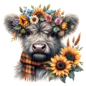 May include: A Highland cow with a fluffy white and gray coat wears a flower crown with sunflowers, roses, and blue wildflowers. The cow is wearing a plaid scarf and is surrounded by sunflowers.