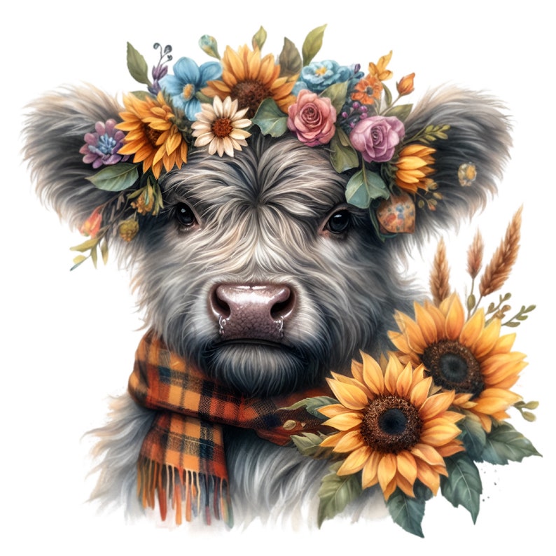 May include: A Highland cow with a fluffy white and gray coat wears a flower crown with sunflowers, roses, and blue wildflowers. The cow is wearing a plaid scarf and is surrounded by sunflowers.