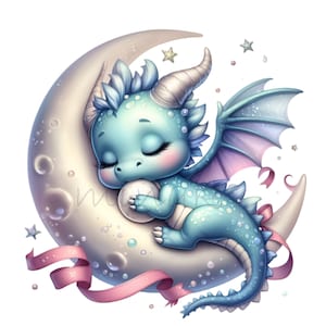 Slapende clipart, Dragon Clip Art, 10 PNG Sleep Moon aquarel, afdrukbaar, kinderkamer, sublimatie voor mok Tumbler, DIY kaarten maken