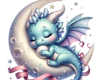 Könnte beinhalten: Ein hellblauer Baby-Drache mit geschlossenen Augen schläft auf einem Halbmond. Der Drache hält eine weiße Kugel in seinen Pfoten. Der Mond ist mit weißen und hellblauen Blasen verziert. Im Hintergrund befinden sich rosa und weiße Sterne.