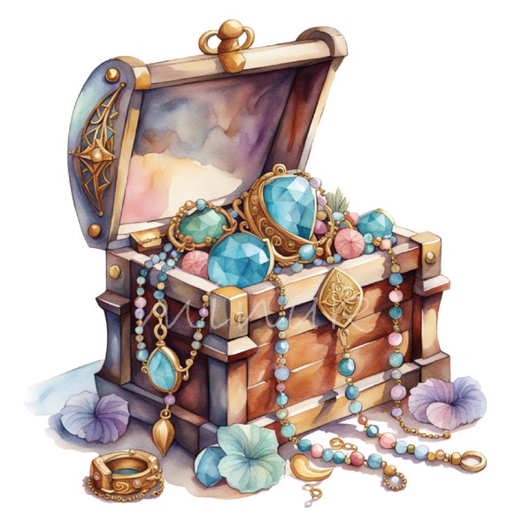 Treasure Chest Clipart PNG,  15 Watercolor Pirate Jewelry Png Sublimation Clip Art, Craft Supplies