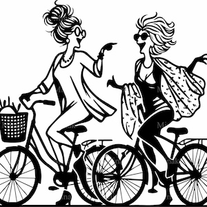 5 SVG Ladies on Bicycles SVG Cut File – Amigos divertidos andando juntos Clipart – Silhueta de mulheres brincalhonas para Cricut e Laser