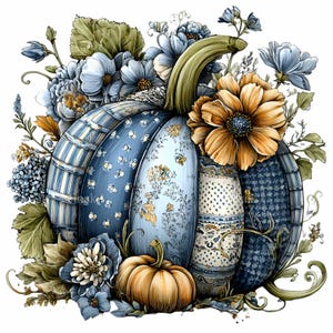 Peut inclure: Illustration numérique d'une citrouille décorative avec des motifs floraux bleus et blancs. La citrouille est entourée de fleurs bleues et dorées, de feuilles vertes et d'une petite citrouille orange à la base. Le design général est de style vintage aquarelle.