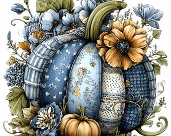 10 PNG Patchwork Kürbis Blau Herbst Clipart, rustikalen Herbst