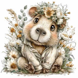 Floral Capybara Clipart – Cute Animal PNG with Neutral Flowers for Nursery Wall Art, Baby Shower Prints, Stickers & Kids Room Decor