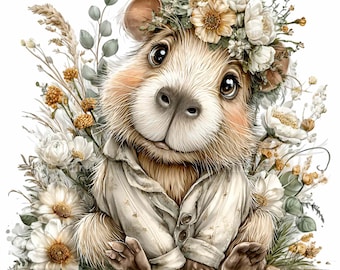 15 cliparts Capybara floraux PNG - PNG animal mignon avec des fleurs neutres pour l'art mural de chambre d'enfant, des impressions de baby shower, des autocollants et une décoration de chambre d'enfant